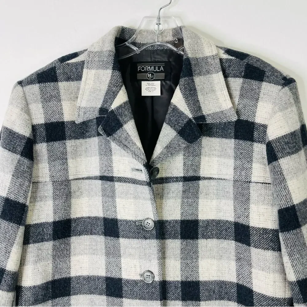 Formula grey white wool plaid button barn chore coat preppy jacket 12